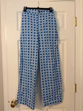 Blue Floral Checkered Wide Leg Pants XS 100% Cotton